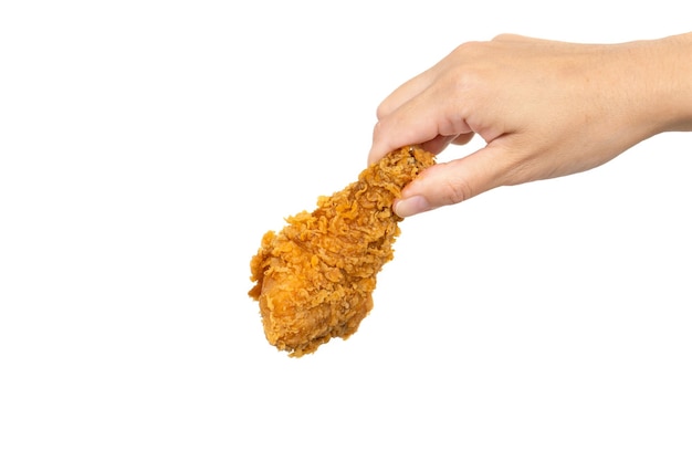 Hand hold fried chicken isolated on white