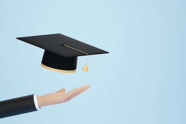 Рука держит выпускную шапку на синем фоне Концепция окончания школы 3D иллюстрация