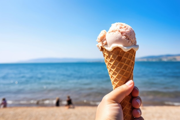 Hand hold ice cream cone at beach Generative AI