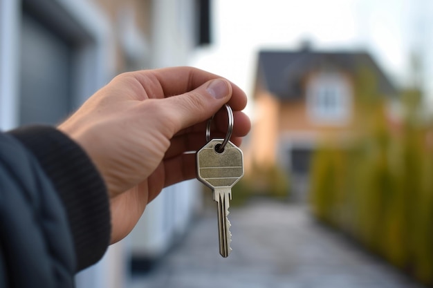 Hand hold keys in front of new home Concept of buying renting or selling real estate Generative AI