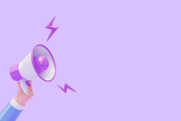hand hold megaphone with empty sign or copy space symbol speaker promotion broadcasting notification business icon on purple background 3d illustration