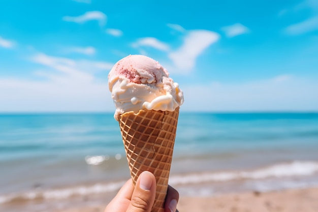 Hand hold melting ice cream cone at beautiful beach in summer with blue sky