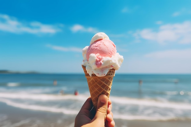 Hand hold Melting ice cream cone at beautiful beach in summer with blue sky