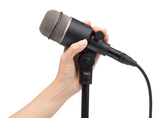 hand hold microphone isolated on white background