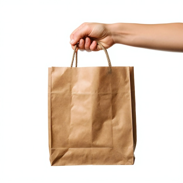 Hand hold paper bag isolated on white background