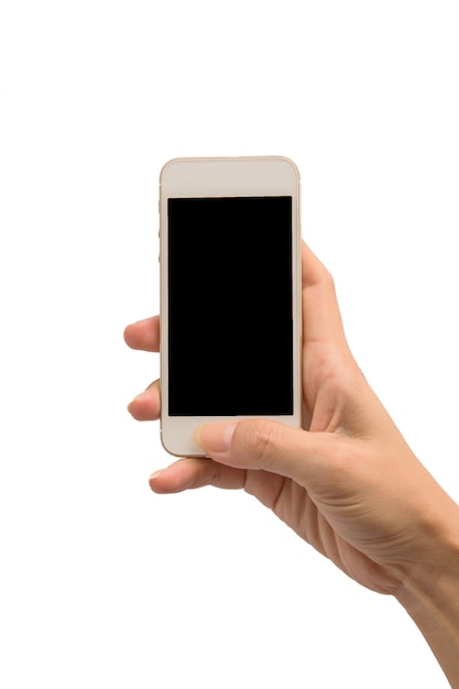 Hand hold phone on white isolated