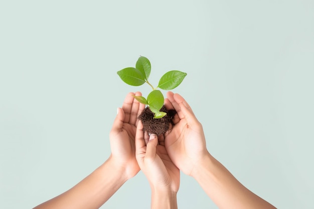 Hand hold plant save the environment campaign isolated on green pastel background