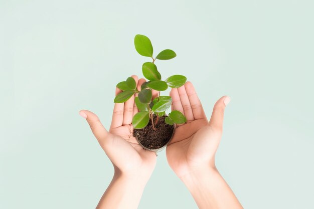 Hand hold plant save the environment campaign isolated on green pastel background