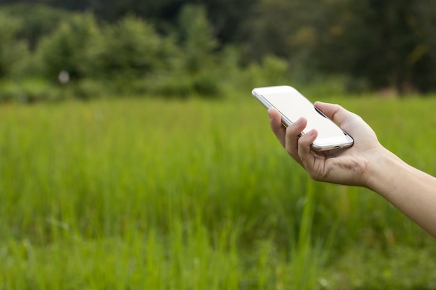 手は自然の背景とスマートフォンを保持