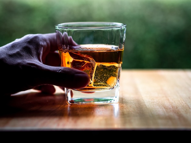 Photo hand hold whiskey glass with nature background