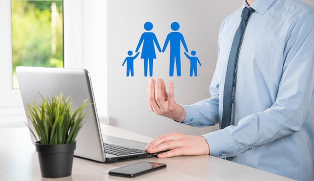 Hand hold young family icon. Family life insurance,supporting and services,family policy supporting