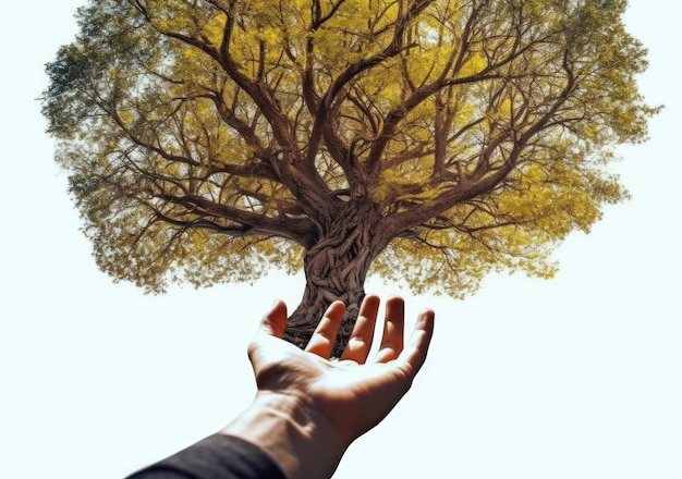 Hand holdig big tree growing on green background eco earth day concept ai generative