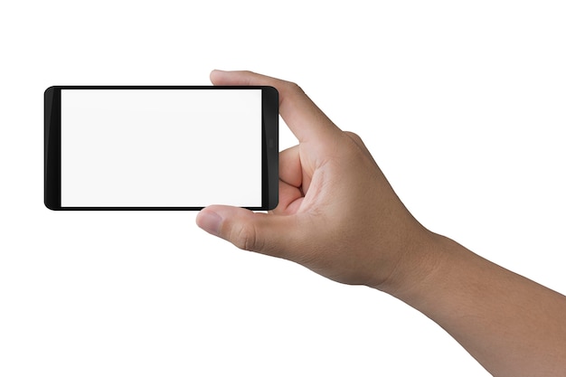 Hand holding 3d rendering blank screen mobile phone isolated on white