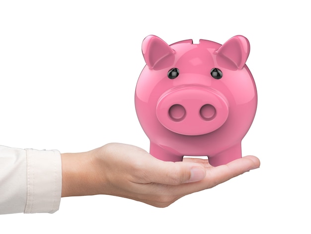 Hand holding 3d rendering piggy bank