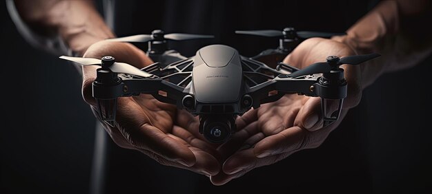 Фото Рука держит черный дрон с пропеллерами в стиле мягкого реализма