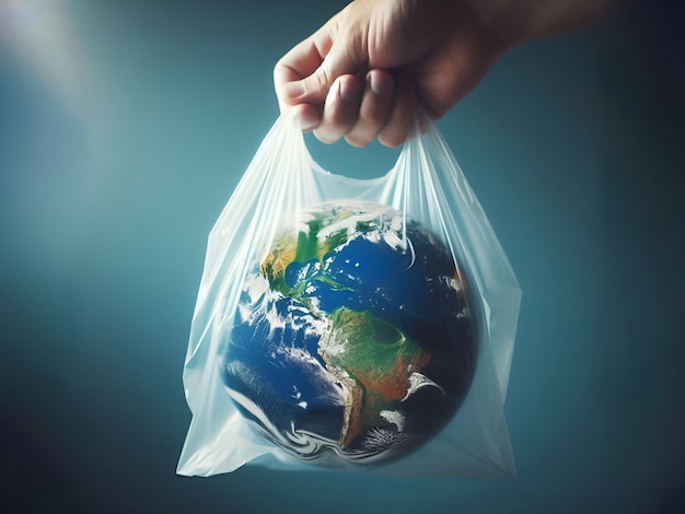 사진 환경 보존을 줄이는 내부의 세계와 함께 투명한 플라스틱 봉지를 들고 있는 손