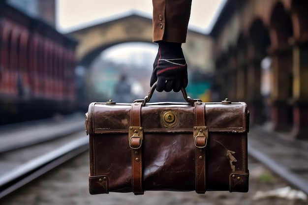 A hand holding an aged leather suitcase