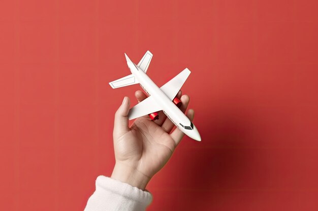 Hand holding airplane toy model on red background Ideas for Christmas travel AI generative