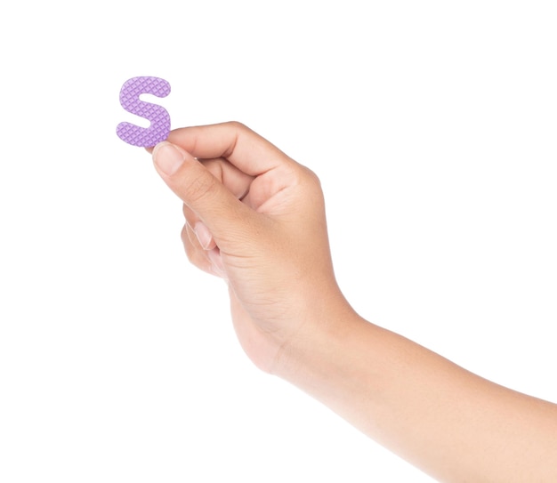 hand holding alphabet made from EVA foam isolated on white background