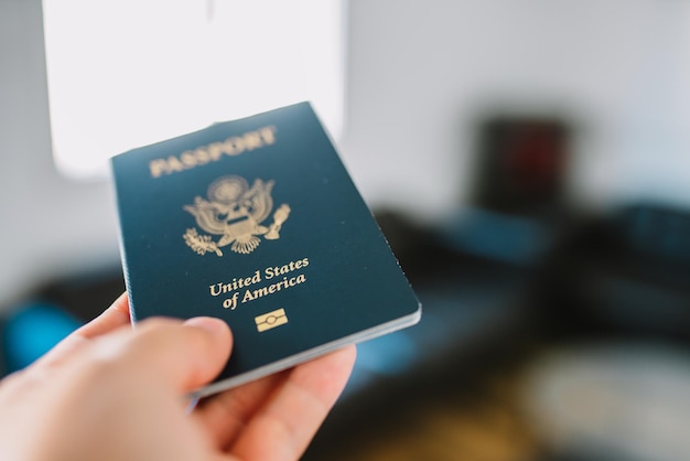 Hand holding a American passport