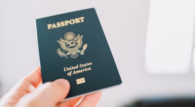 Hand holding a American passport