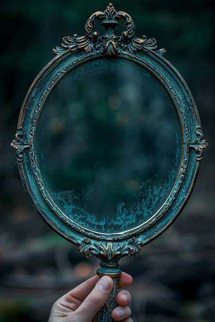 Photo hand holding an antique vanity mirror