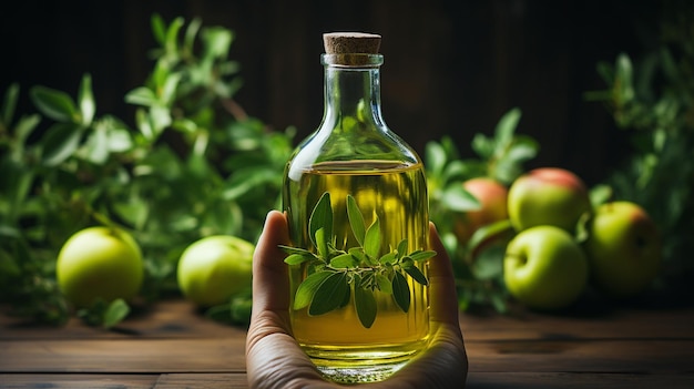 hand holding apple vinegar in glass bottle