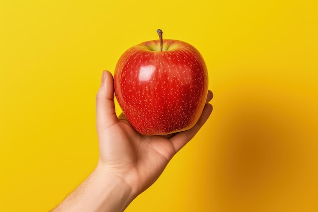 Hand holding apple on yellow background ai