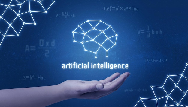 Рука держит концепцию мозга сети искусственного интеллекта Математическая формула и абстрактная сеть рядом