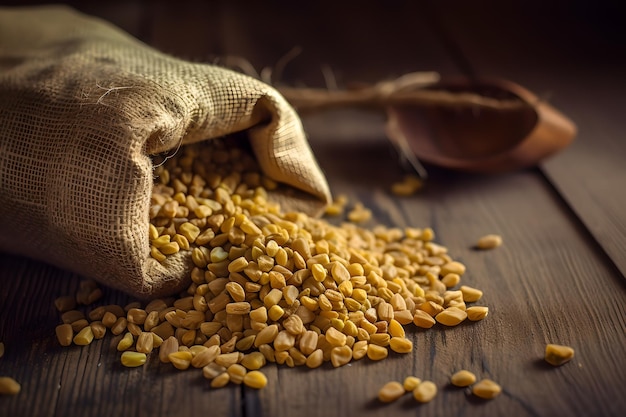 A hand holding a bag of wheat grains