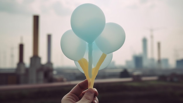 Photo a hand holding balloons with the city in the background