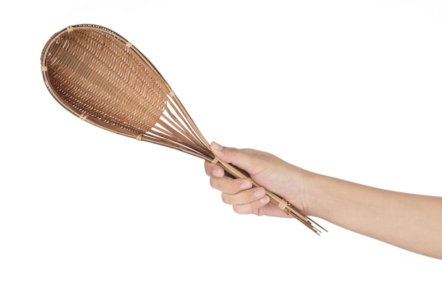 Hand holding Bamboo ware isolated on a white background