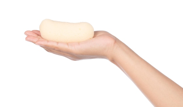 hand holding Banana flavor custard cake isolated on white background