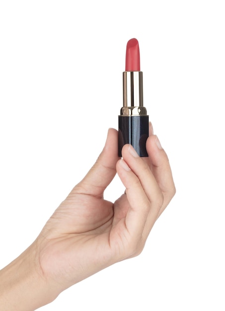 Photo hand holding beautiful red lipstick isolated on white background