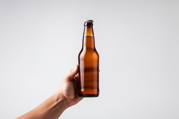 A hand holding a beer bottle on a white background