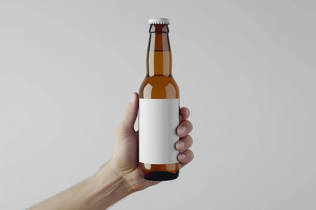 a hand holding a beer bottle with a blank label