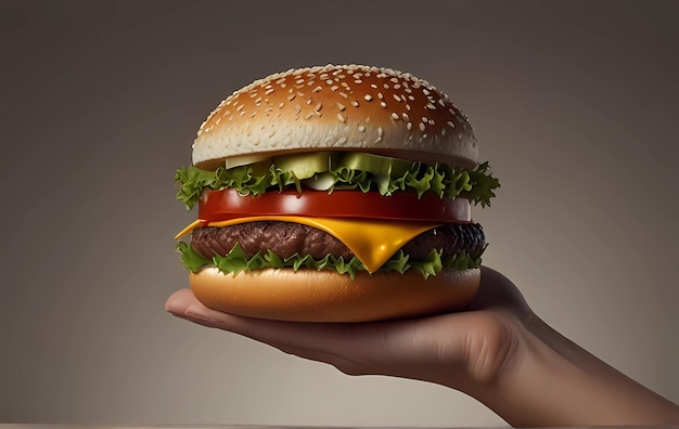 рука, держащая большой вкусный гамбургер с сыром и помидорами