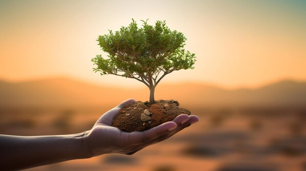 Photo hand holding big tree growing in desert
