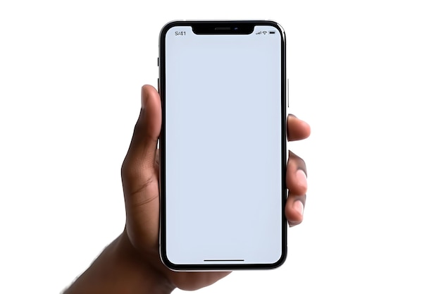 空白の画面を持つ黒い iPhone を持つ手。