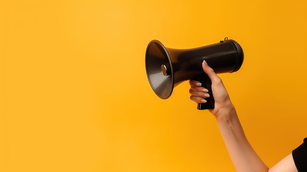 A hand holding a black megaphone against a yellow background