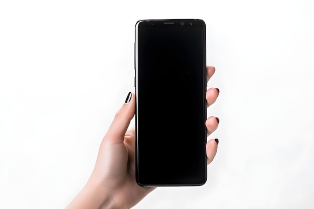 A hand holding a black phone with a black screen