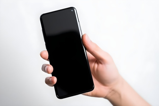 Photo a hand holding a black phone with a blank screen.