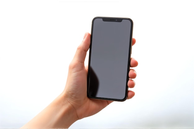 hand holding a black smartphone against white background