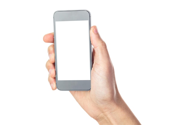 Hand holding black smartphone isolated on white background. clipping path