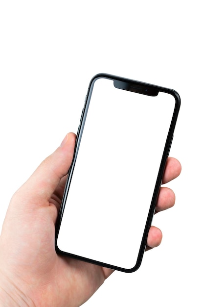 A hand holding a black smartphone with a blank screen.