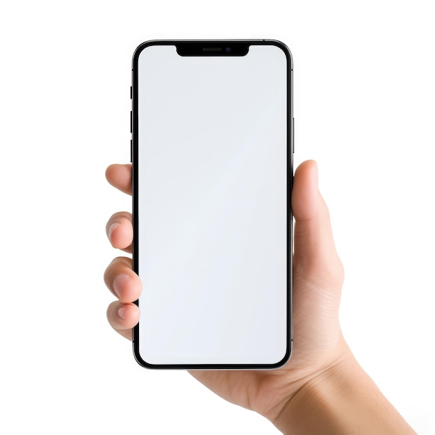 흰색 배경에 격리된 빈 흰색 화면 모형이 있는 검은색 스마트폰을 들고 있는 손 웹 사이트 앱 및 광고를 위한 현대적인 프레임 없는 디자인의 전화