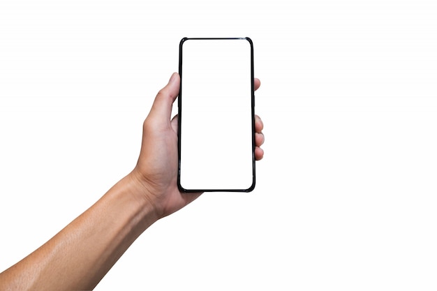 Hand holding black smartphone with a blank white screen. 