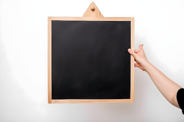 A hand holding a blackboard with a wooden frame