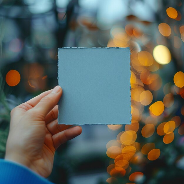 Hand holding blank blue paper with a soft bokeh background For Social Media Post Size