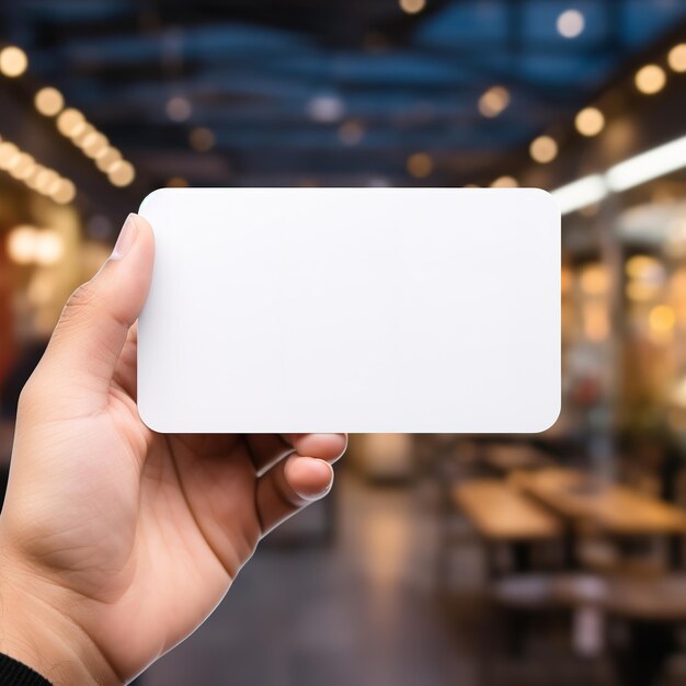 A hand holding a blank business white card